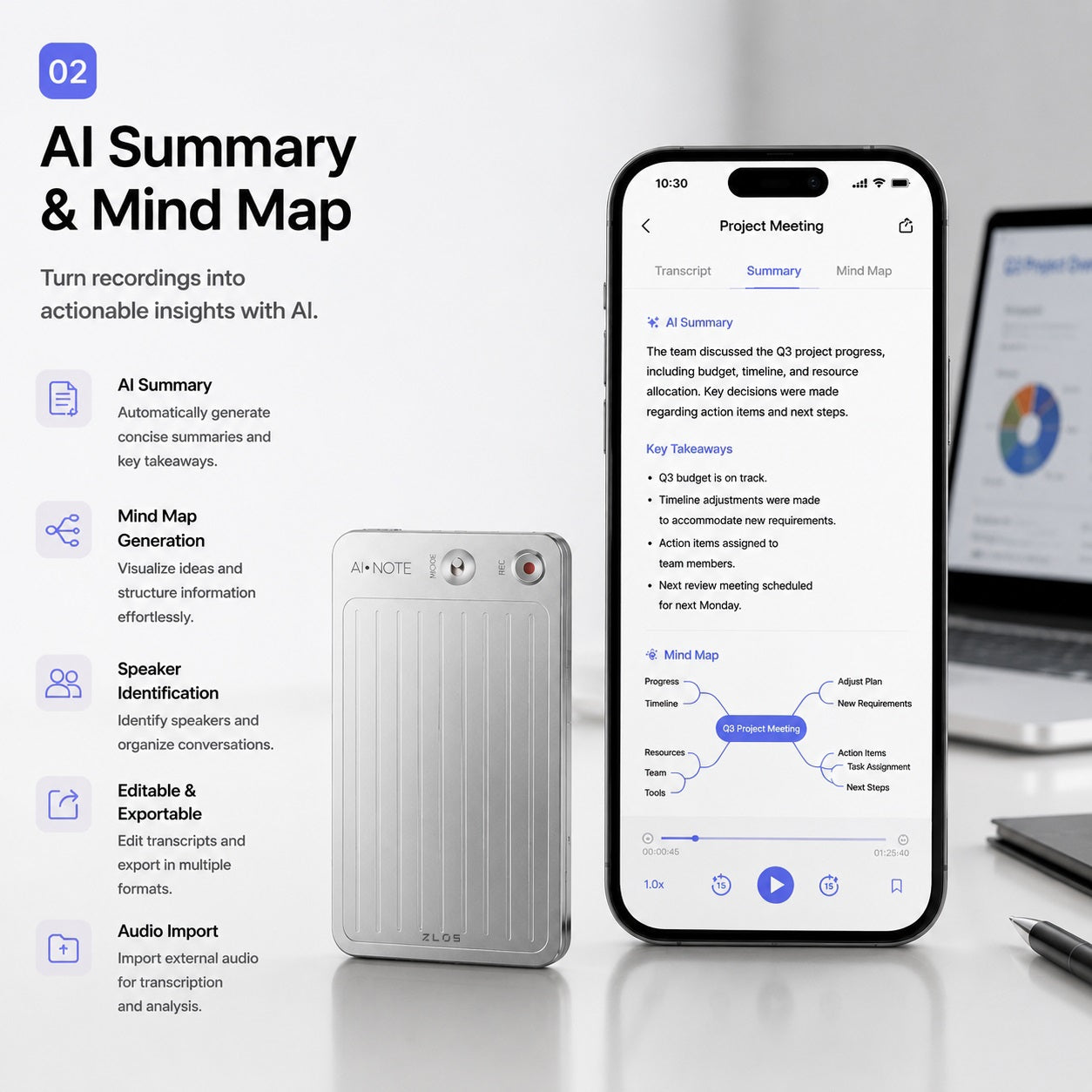 ZLOS AI01 Magnetic Voice Recorder with Real-Time Transcription, Bluetooth & WiFi Smart Recorder for Meetings, Interviews and Lectures