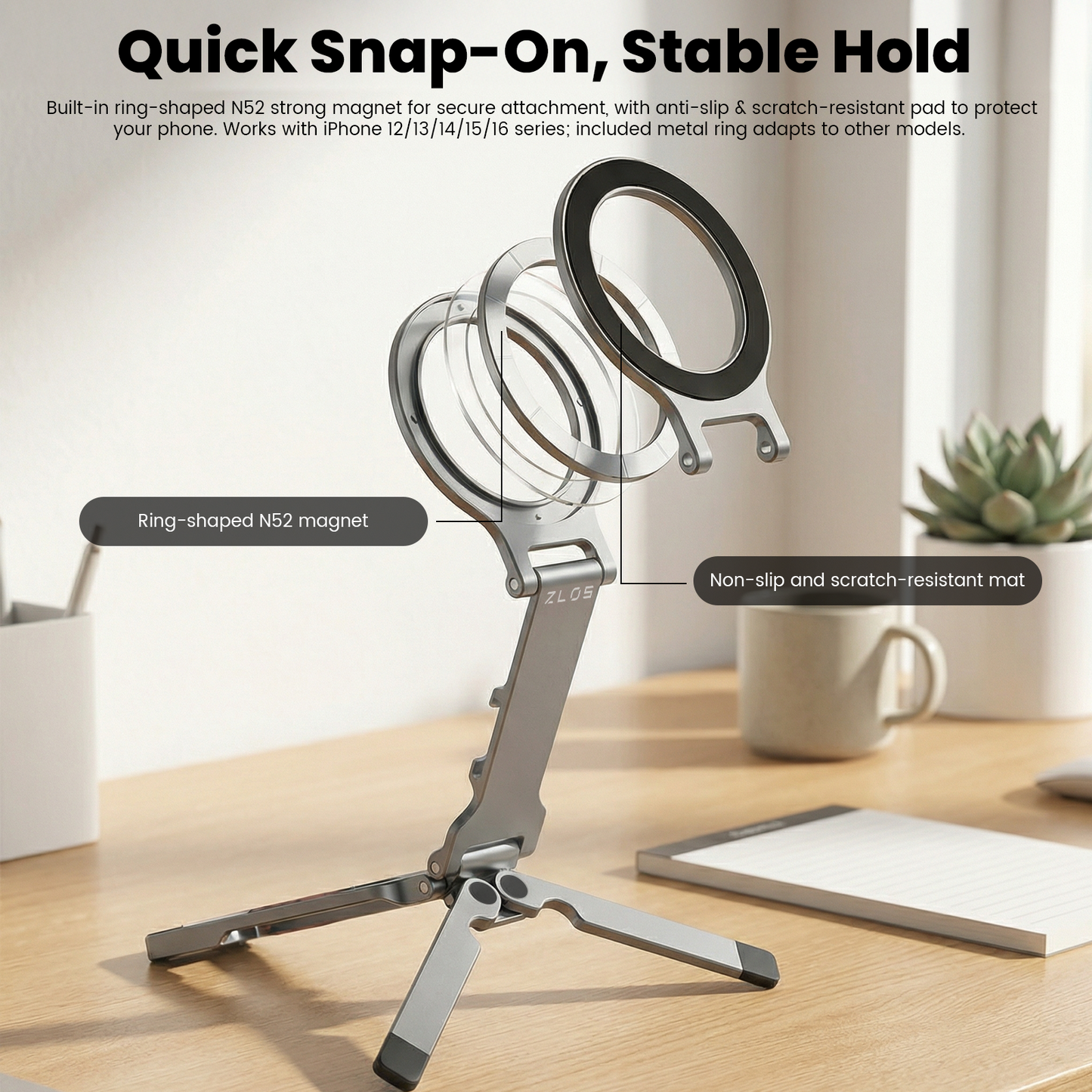 ZLOS PS11 Magnetic Tripod Phone Stand with Auto-Rebound Carabiner