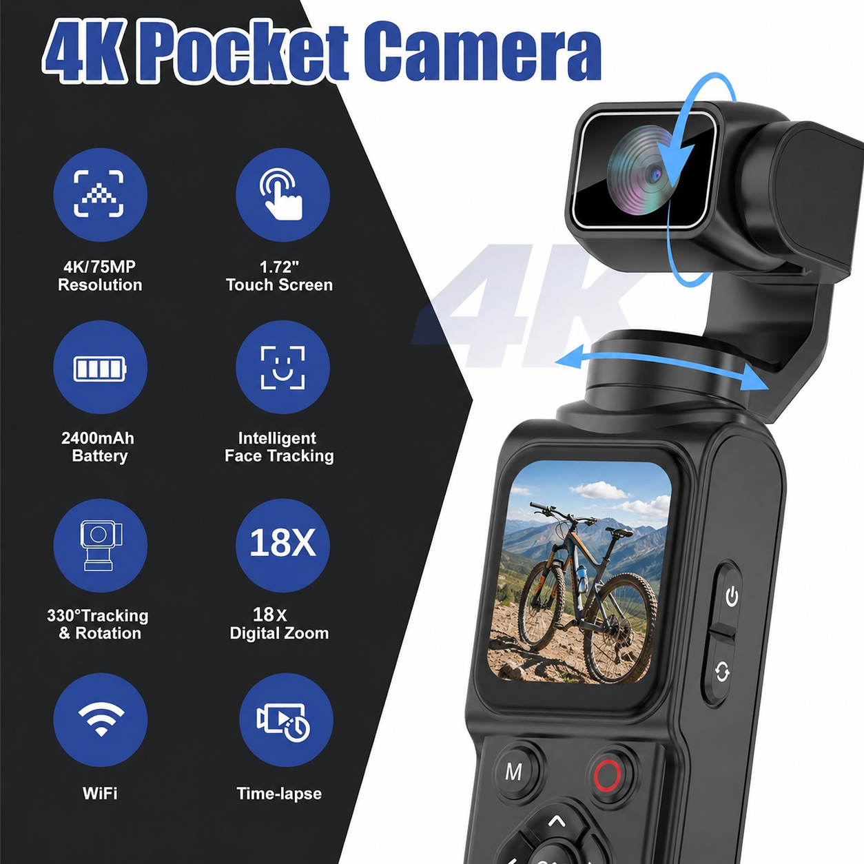 ZLOS LS03 4K Pocket Action Camera with Face Tracking, WiFi, 1.72" Touch Screen, 18X Zoom & Tripod