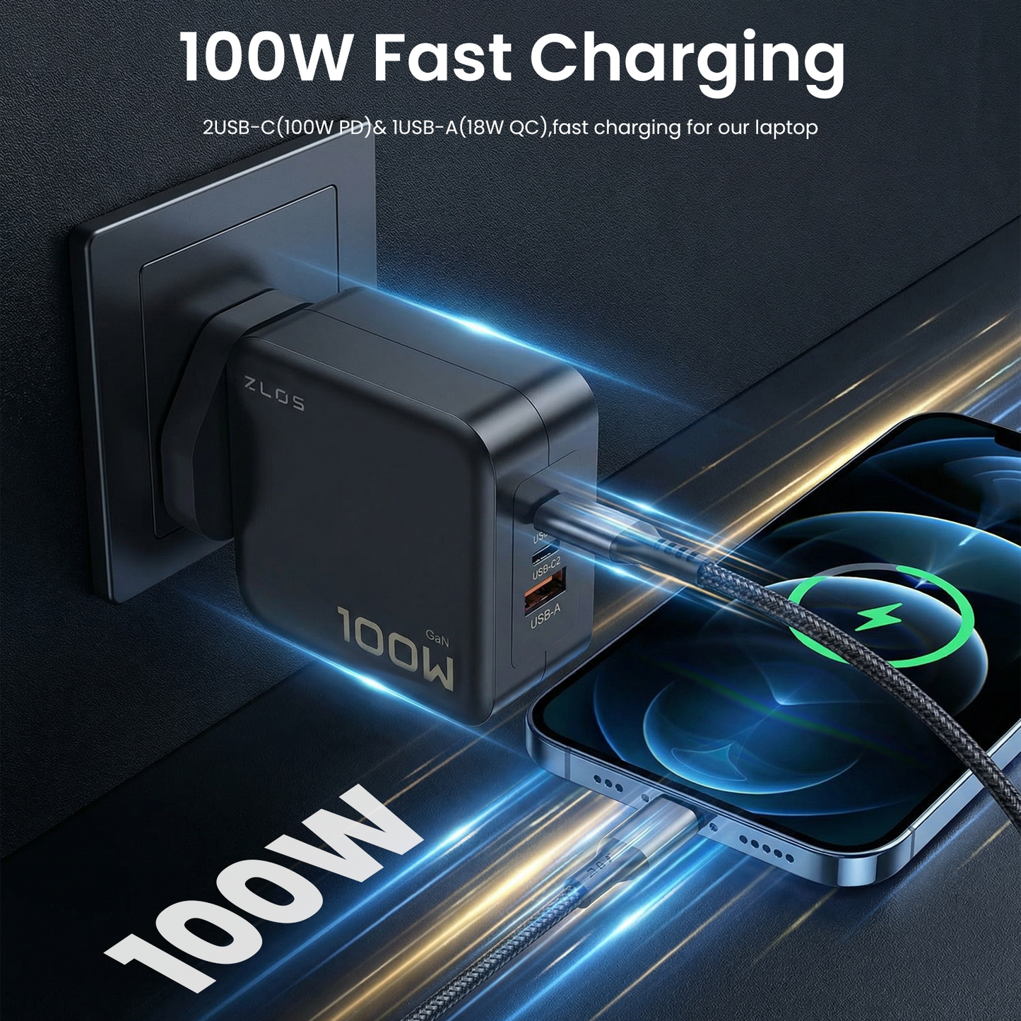 ZLOS  GFC100 100W GaN 3-Port USB-C USB-A Wall Black Fast Charger