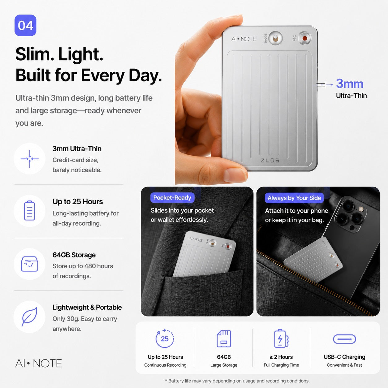 ZLOS AI01 Magnetic Voice Recorder with Real-Time Transcription, Bluetooth & WiFi Smart Recorder for Meetings, Interviews and Lectures
