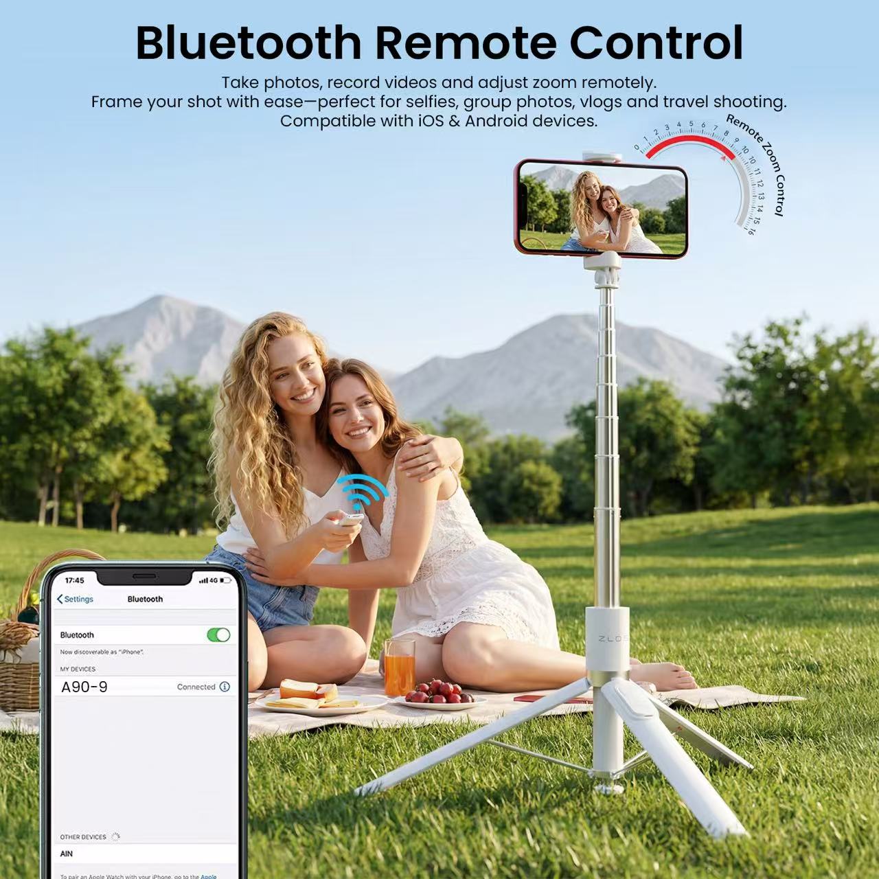 ZLOS PS13 Auto-Open 175cm Extendable Tripod Selfie Stick with Bluetooth Remote