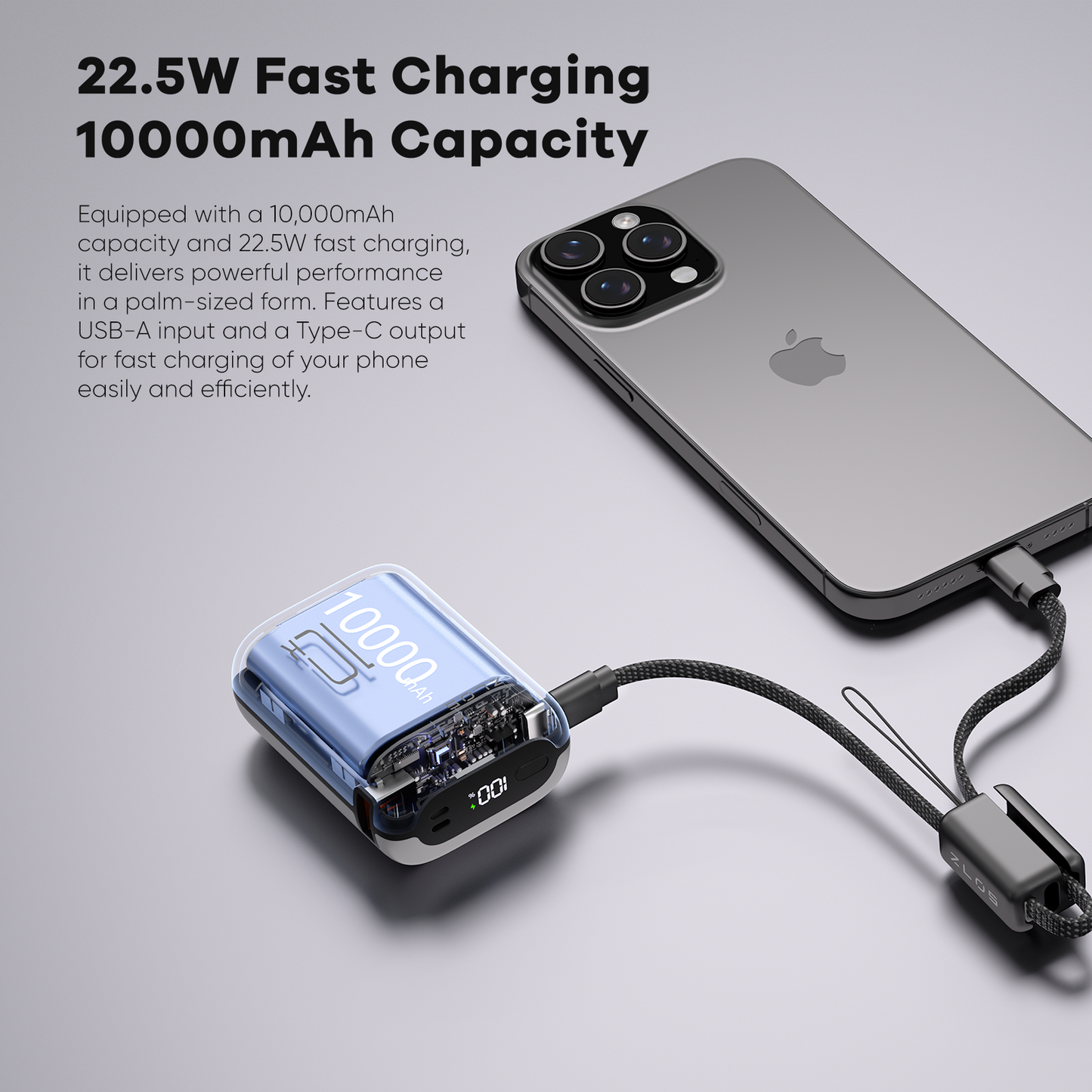 ZLOS MT10 smallest 10000mah power bank 22.5W with Lanyard Integrated Cable