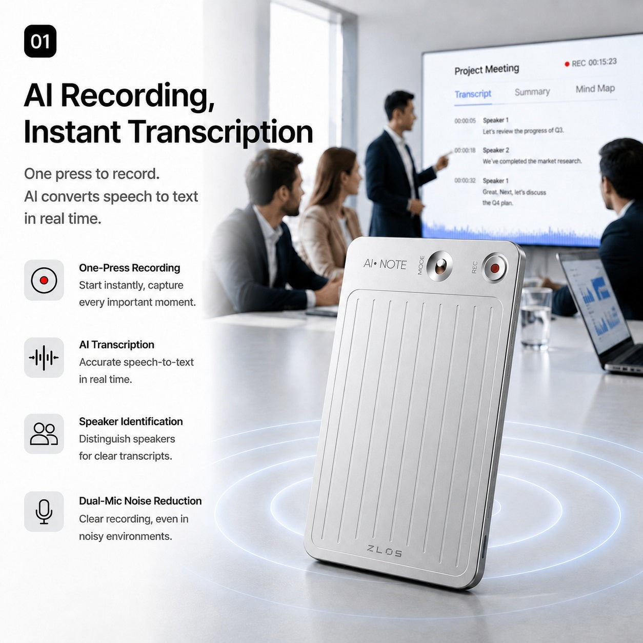 ZLOS AI01 Magnetic Voice Recorder with Real-Time Transcription, Bluetooth & WiFi Smart Recorder for Meetings, Interviews and Lectures