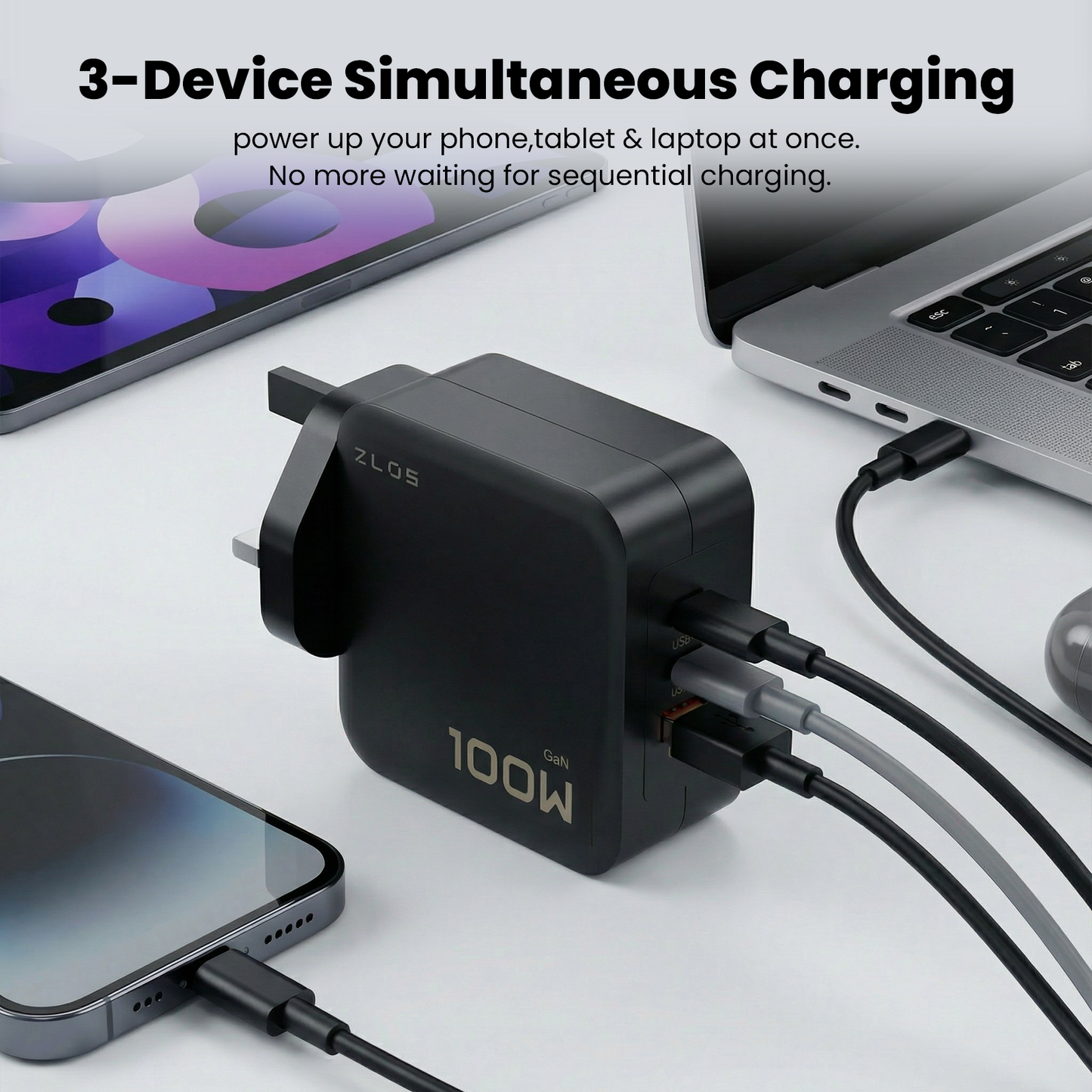 ZLOS  GFC100 100W GaN 3-Port USB-C USB-A Wall Black Fast Charger