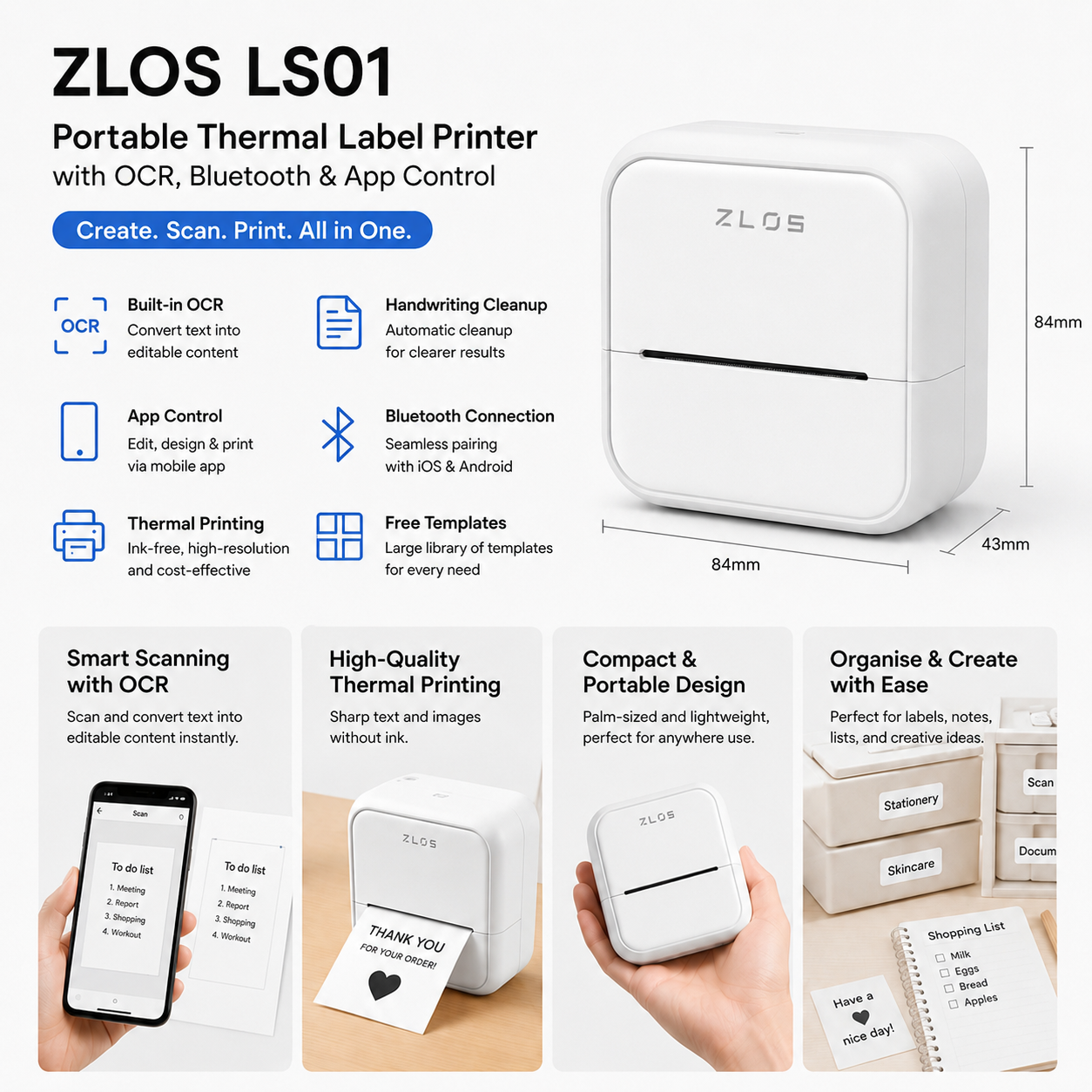 ZLOS LS01 Portable Mini Thermal Printer With Ocr, Bluetooth & App Control