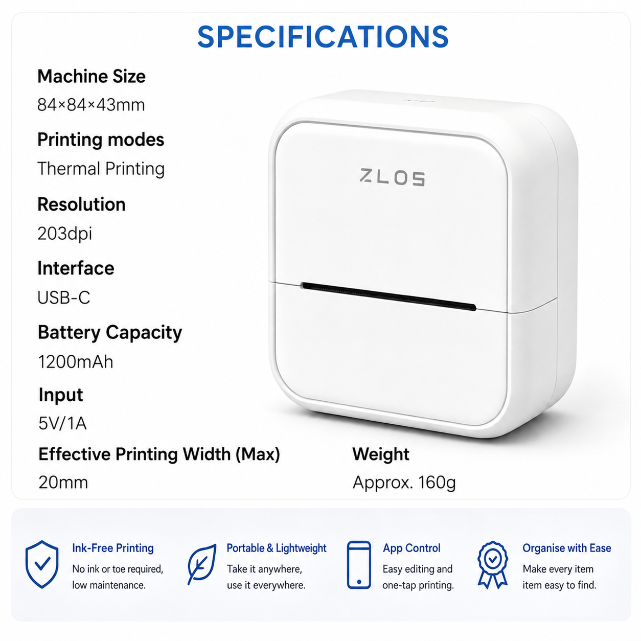 ZLOS LS01 Portable Mini Thermal Printer With Ocr, Bluetooth & App Control