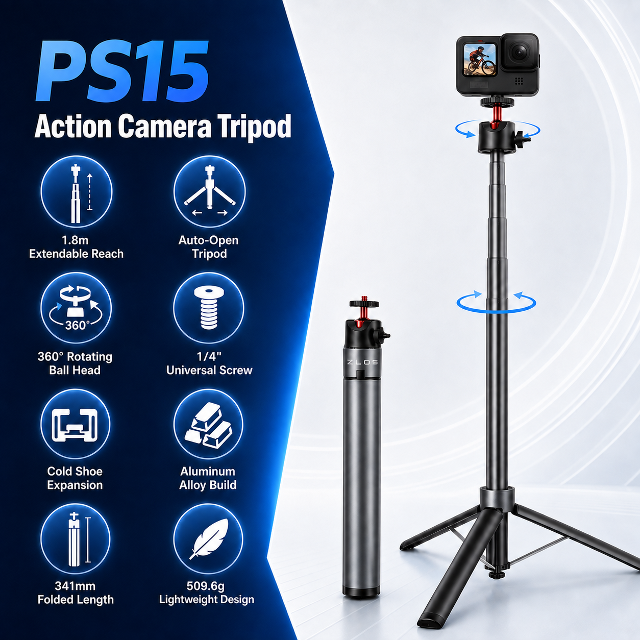 ZLOS PS15 Action Camera Tripod Stand, 1.8m Extendable Tripod with 360° Rotation & 1/4" Screw Mount