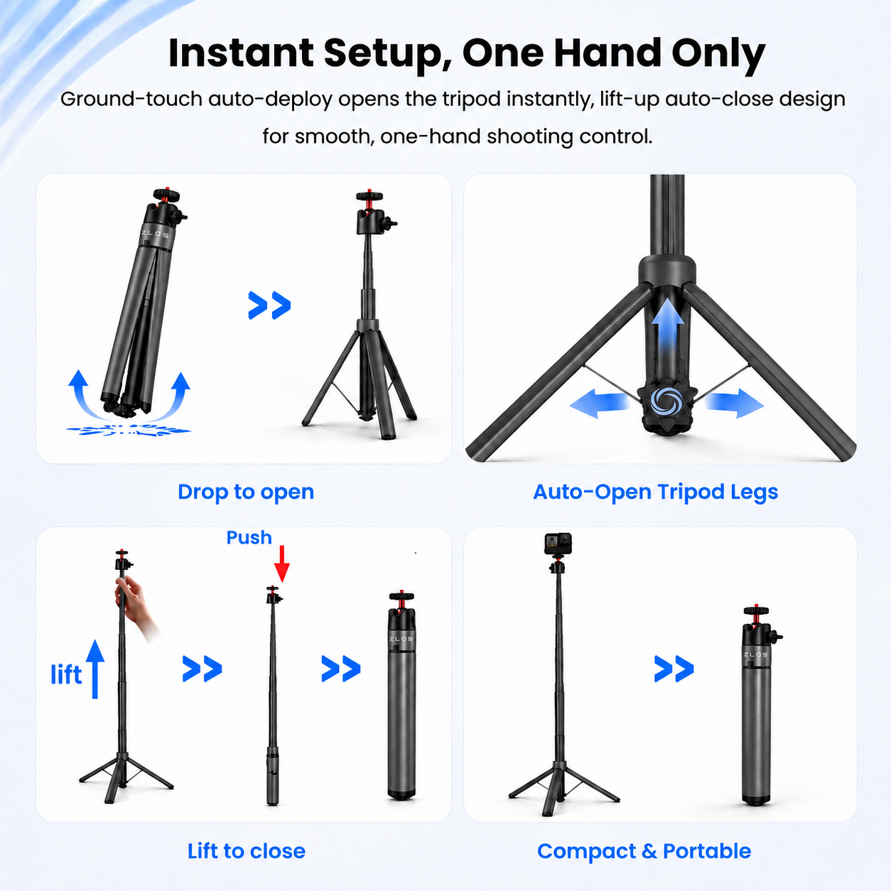 ZLOS PS15 Action Camera Tripod Stand, 1.8m Extendable Tripod with 360° Rotation & 1/4" Screw Mount
