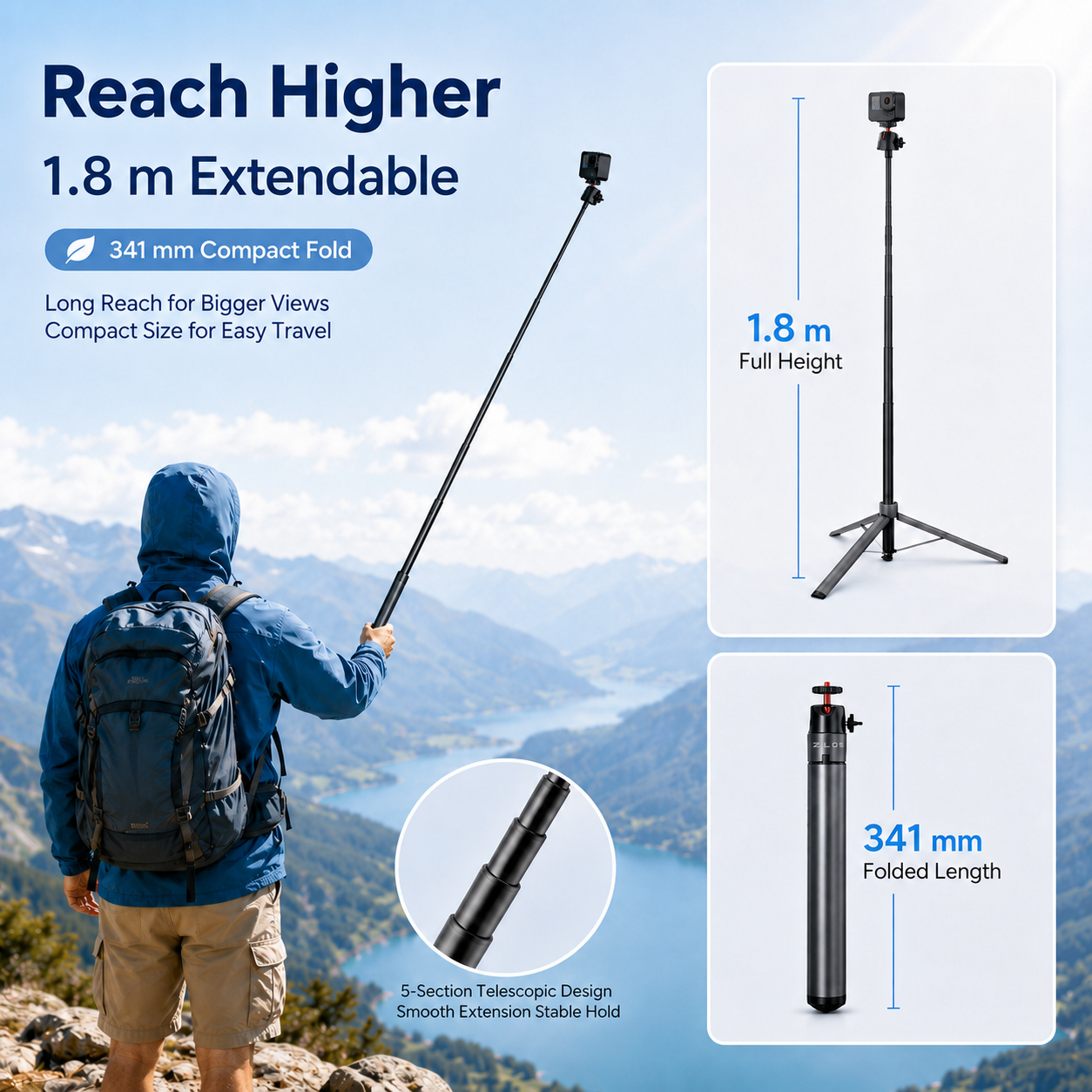 ZLOS PS15 Action Camera Tripod Stand, 1.8m Extendable Tripod with 360° Rotation & 1/4" Screw Mount