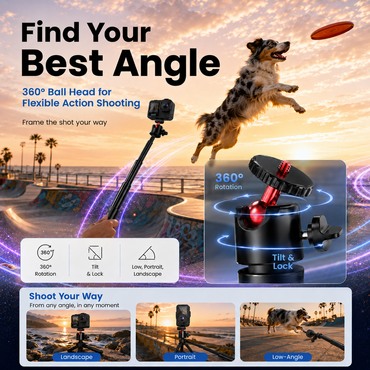 ZLOS PS15 Action Camera Tripod Stand, 1.8m Extendable Tripod with 360° Rotation & 1/4" Screw Mount