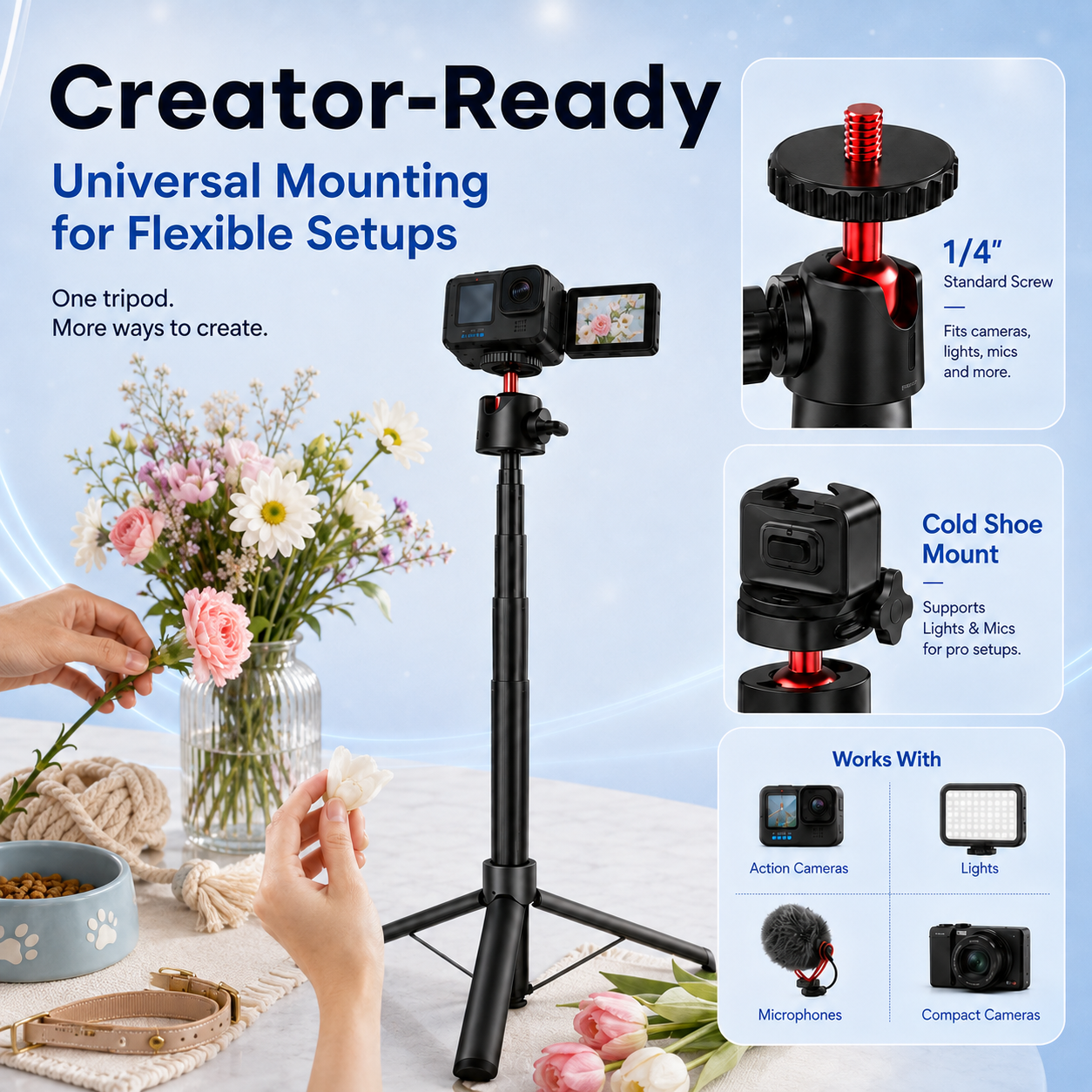 ZLOS PS15 Action Camera Tripod Stand, 1.8m Extendable Tripod with 360° Rotation & 1/4" Screw Mount