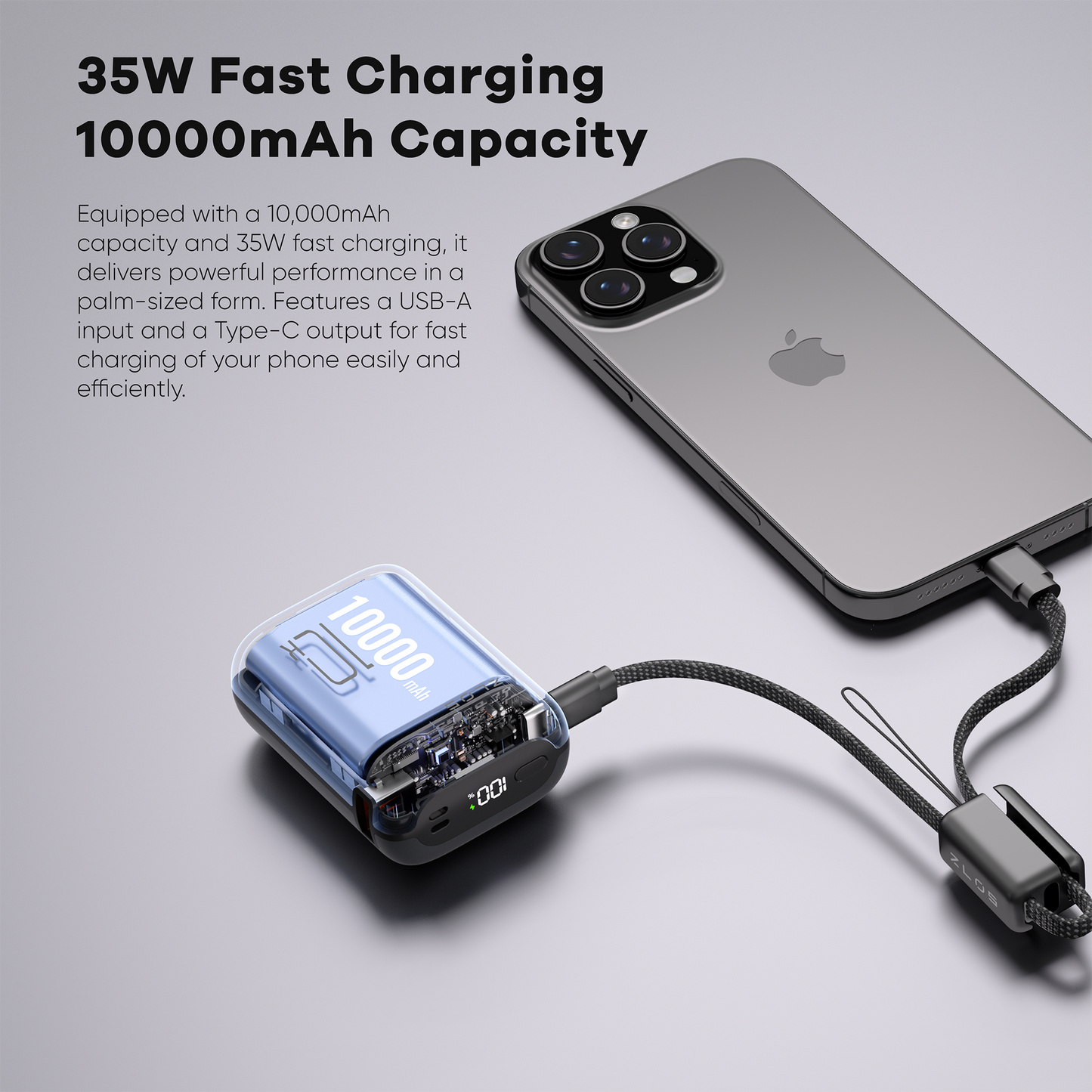 ZLOS MT10 10000mAh Mini Power Bank 35W with Lanyard Integrated Cable